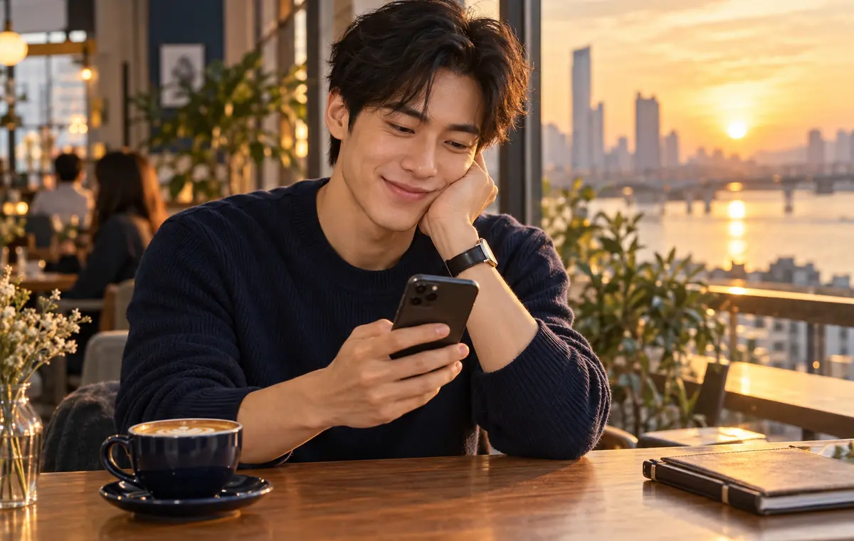 Un homme asiatique sourit en lisant un message d’amour