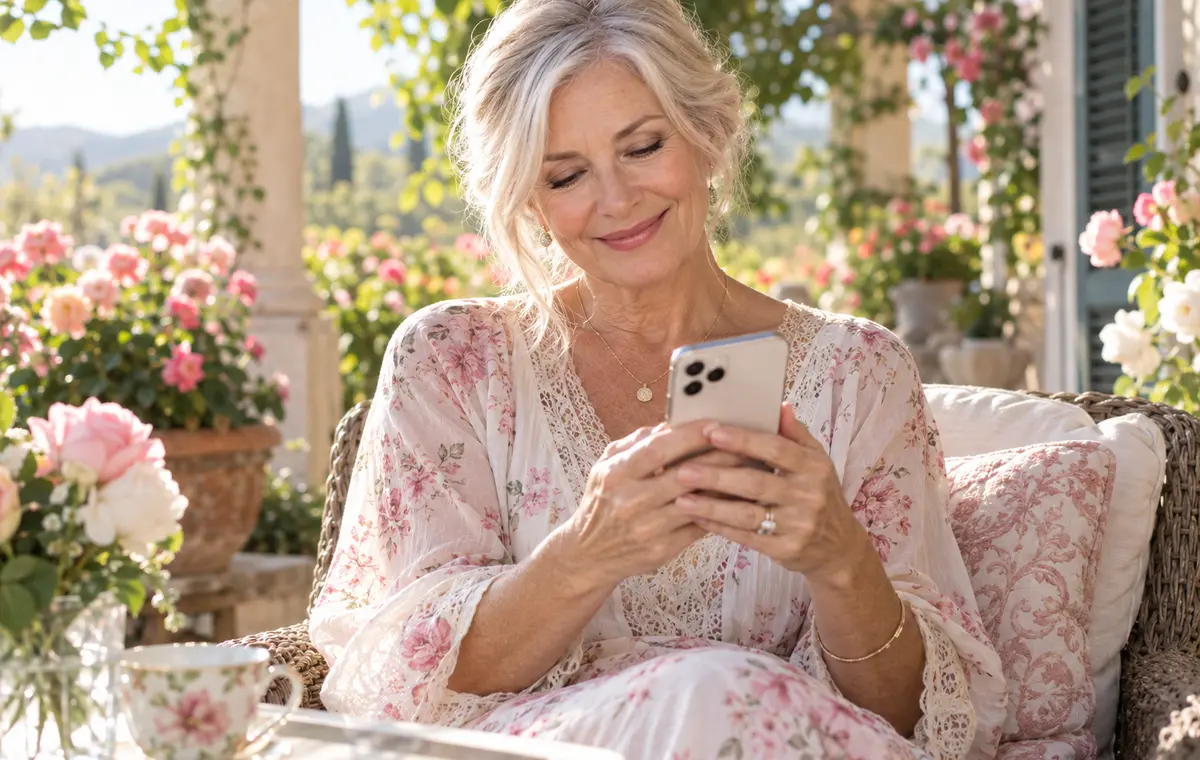 Une femme mûre sourit en regardant son téléphone dans un jardin