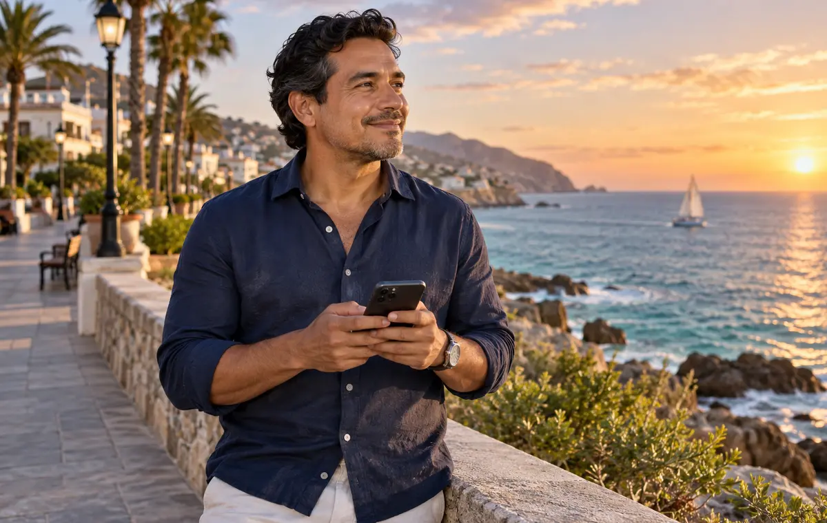 Un homme latino regarde l’horizon avec son téléphone