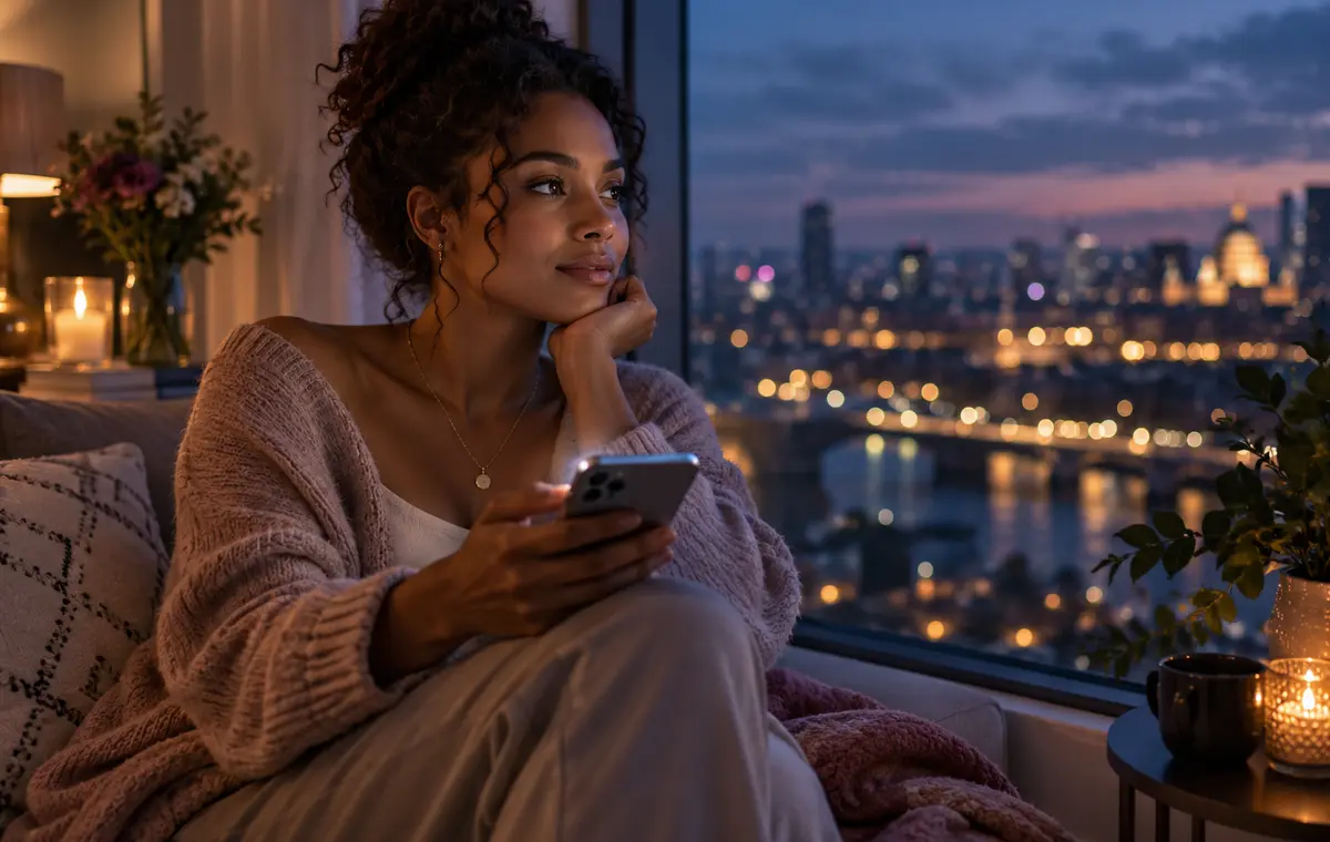 Une femme regarde au loin avec son téléphone, songeant à la personne qui lui manque