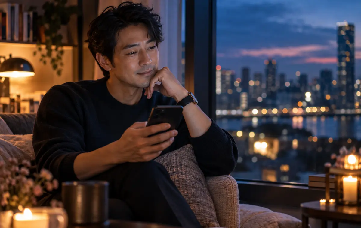 Un homme consulte son téléphone en pensant tendrement à la personne qui lui manque